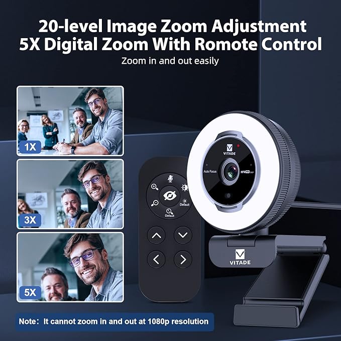 Zoomable Webcam with Remote Control 1080P 60FPS Streaming Webcam with Adjustable Ring Light and Tripod Pro USB 5X Digital Zoom Webcam for Zoom/Skype Teams/Laptop/Mac Windows