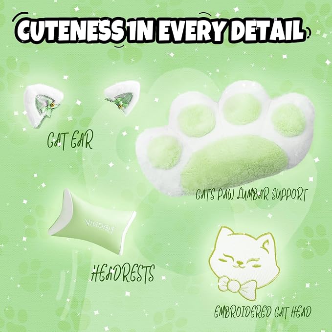 Cute Cat Ears Gaming Chair with Paw Lumbar Cushion High Back Computer Chair with Footrest 360° Swivel Height Adjustable Recliner Game Chair for Girls 300lbs (Green)