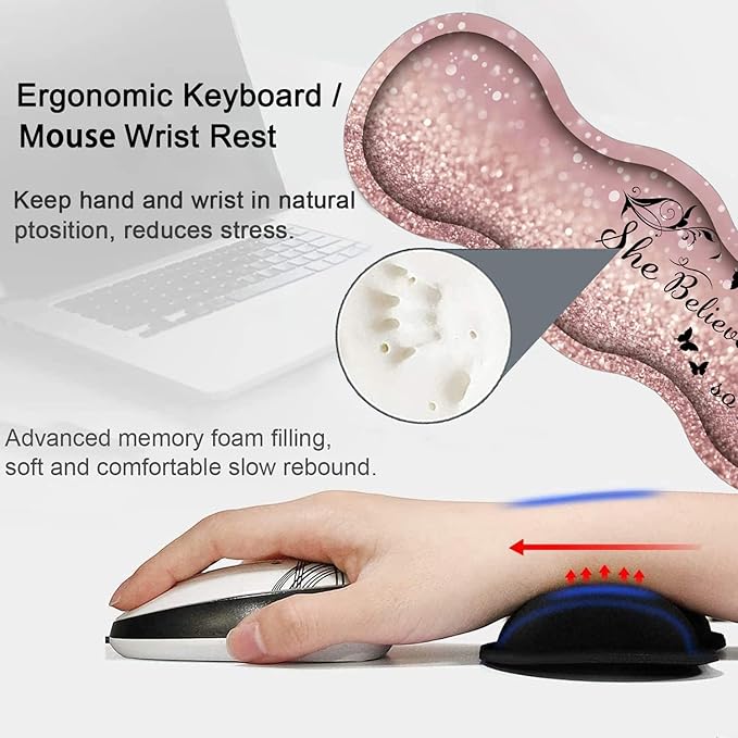 Large Gaming Mouse Pad Keyboard Wrist Rest pad + Mouse Wrist pad + Coaster Set Extended Waterproof Non-Slip Table mat Suitable for Home Office Learning Games - She Believed She Could So She Did