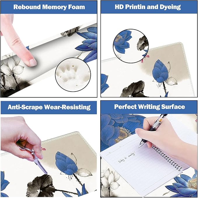 ARTSO Extended Gaming Mouse Pad Set Keyboard Wrist Rest Support Pad + Wrist Cushion + XXL Large Mouse Pad + Coaster Stitched Edge Non-Slip Memory Foam Desk Mat Blue Lotus Ink Painting