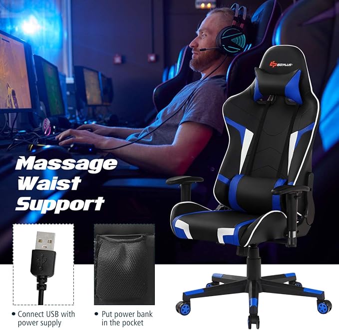 Goplus Gaming Chair - Racing Style High Back PU Leather Adjustable Arms &amp Headrest Ergonomic Reclining Game Chair with Rolling Swivel Base