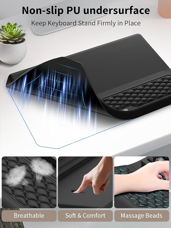 3-in-1 Ergonomic Keyboard Stand with Wrist Rest &amp Mouse Pad Set Comfy Keyboard Riser Holder Soft Mousepad with Massage Design Memory Foam and Non-Slip PU Base for Pain Relief Black