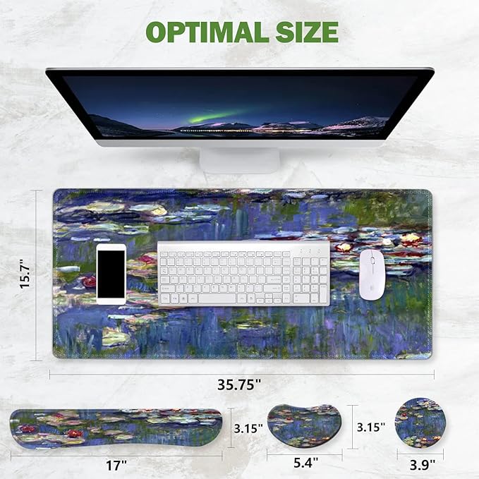 ToLuLu Extended Gaming Mouse Pad Memory Foam Ergonomic Keyboard Mouse Wrist Rest Support Set Large Desk Mat with Stitched Edges Non-Slip Base Mousepad for Home Office Game Monet Water Lilies