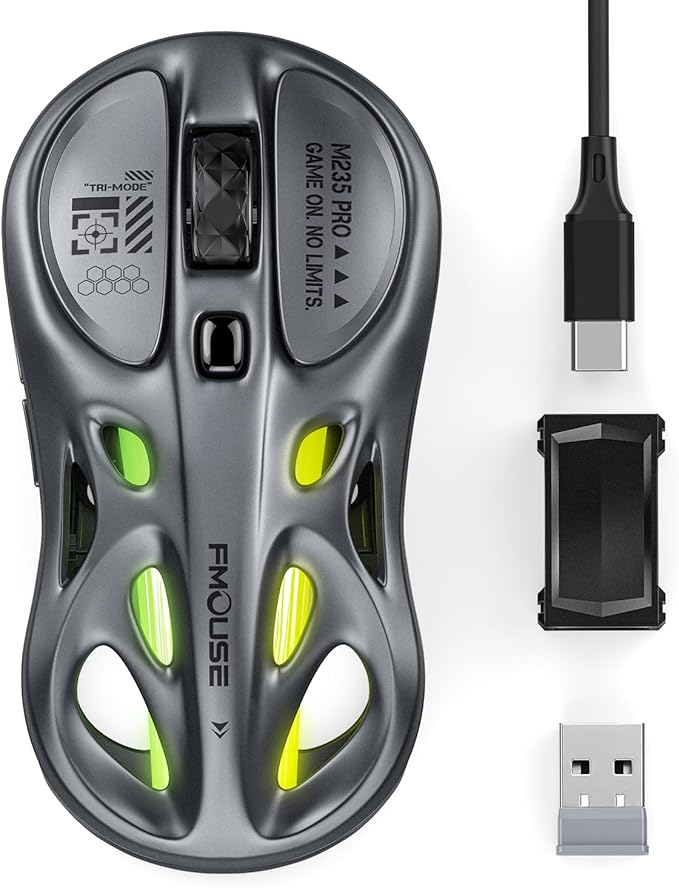 Gaming Wireless Mouse Tri-Mode (2.4G/Bluetooth/Wired) 4800 DPI 1000Hz Ergonomic Hollow RGB Rechargeable Type-C for Mac/Laptop/iPad/Office - Gray