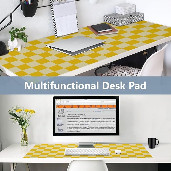Mouse Pad Desk Mat Leather Desk Pad Large Gaming Desk Cover Protector Mat for Keyboard Computer Laptop Office Waterproof 47.2 x 23.6 Inch Checkered Yellow