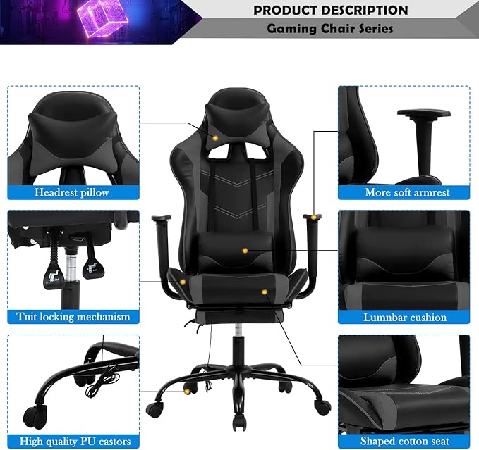 Video Game Chair Massage Game Chair High Back Computer Racing Chair Adjustable PU Leather PC Gaming Chair with Headrest and Footrest Racing Swivel Lumbar Support Office Desk Chair for Adults Grey