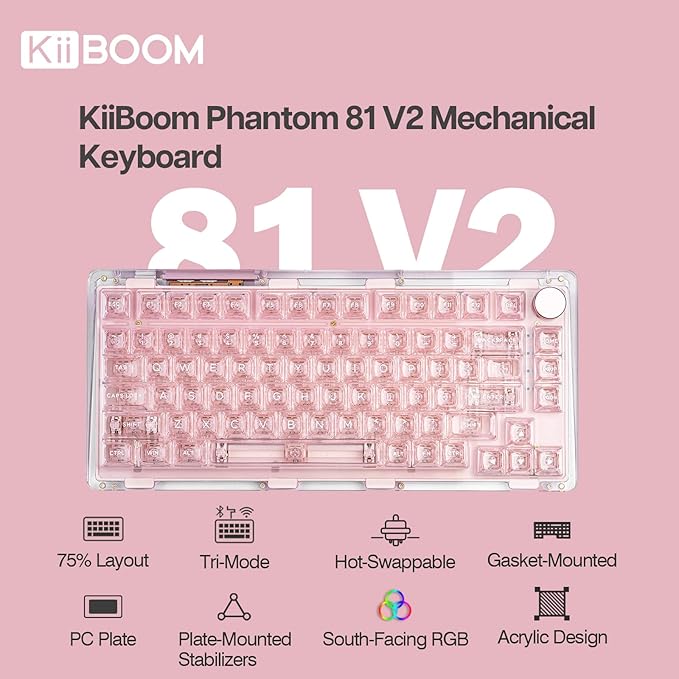 KiiBoom Phantom 81 75% Transparent Mechanical Gaming Keyboard Hot Swappable Custom Gasket Keyboard with RGB Backlit Clear Keycap Rechargeable Battery Triple Mode for Win/Mac (Phantom 81 V2 Pink)