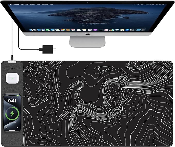 TopMade Mouse Pad with 15W Fast Wireless Charging 31.5x15.75 XXL Large Gaming Waterproof Desk Pad Computer Desk Mat Black Topographic Map #2 (Includes 20W PD Power Adapter &amp 6.56ft Woven Cabl