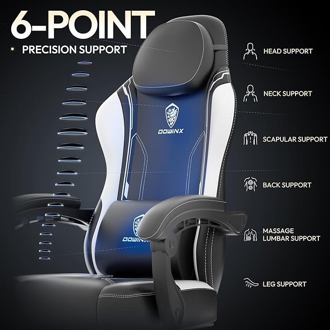 Dowinx Gaming Chair with Pocket Spring Cushion for Adults Ergonomic Computer Chair with Footrest and Massage Lumbar Support High Back Leather Game Chair for Office Gaming 300LBS White