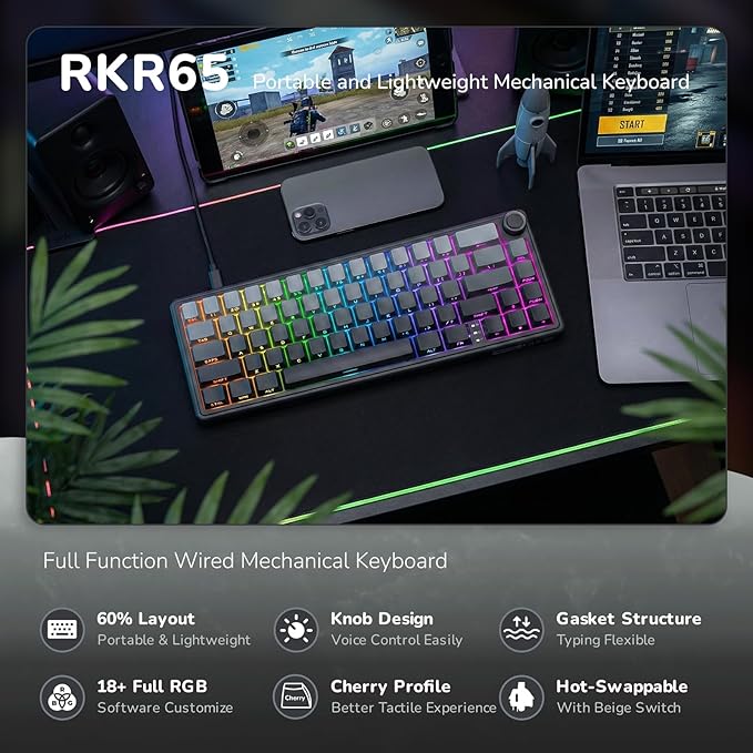 RK ROYAL KLUDGE R65 Wired Gaming Keyboard with Volume Knob 60% Percent RGB Backlit Mechanical Keyboard Side Printed PBT Keycaps QMK/VIA 66 Keys Hot Swappable Beige Switch Gradient Black