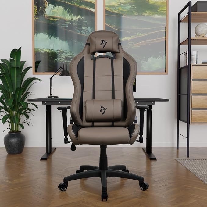 Arozzi Torretta Soft PU Leather Material Gaming Chair Durable Ergonomic Office Chair with Adjustable Height 3D Armrest &amp 2 Supportive Pillows (Brown)