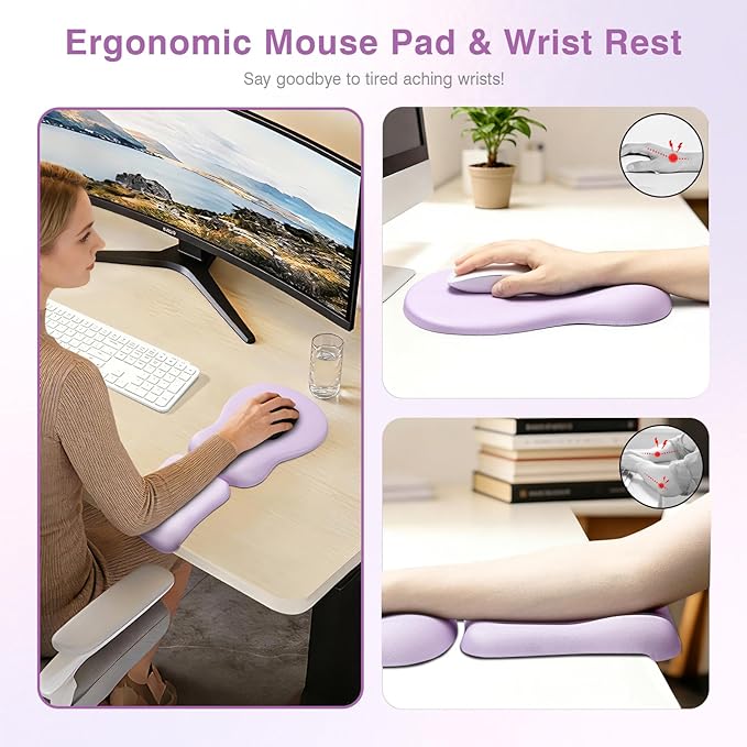 Ospelelf Mouse Pad with Wrist Rest Set Foam L-Shaped Desk Elbow Pad Ergonomic Desk Edge Cushion Anti-Slip Rubber Bottom Office Women Desk Accessories for Computer Laptop and Gaming Purple