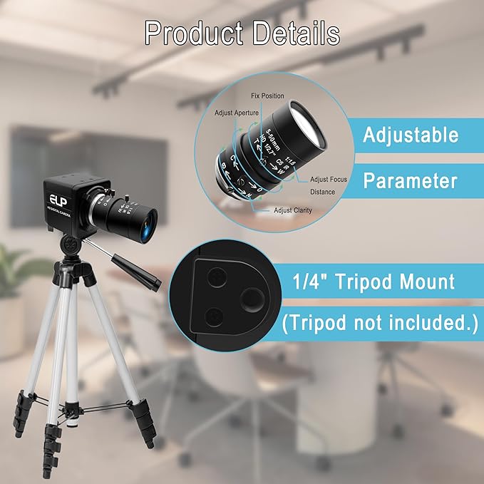 8MP Industrial USB Camera 10X Optical Zoom Manual Focus Webcam with 5-50mm Varifocal Lens UVC Plug and Play Computer Camera for Windows Linux MAC OS Android Raspberry Pi