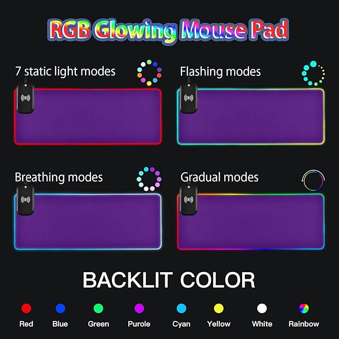 Purple Mouse Pad Gaming Mousepad Non Slip Desk Mat Wireless Charging Keyboard Mats Pad RGB Computer Mouse Pads for Office Home Desktop 35.4 x 15.7 in