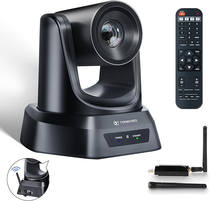 TONGVEO Wireless Conference Room Webcam Church Live Streaming 20X USB 1080P 60fps PTZ Camera for Worship Services Online Conference Works with Zoom Skype OBS Easy to Set Up