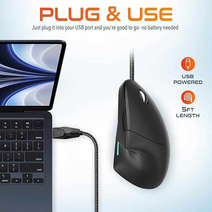 Delton S12 Ergonomic Vertical Wired Mouse 6 Buttons 3 Adjustable DPI Levels (800/1200/1600) &amp 3D Scroll Wheel Compatible for PC Laptop Mac Chromebook - Black