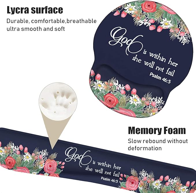 Keyboard Wrist Rest and Mouse Pad Wrist Rest Support Set Non-Slip PU Base for Gaming and Office Comfortable &amp Lightweight for Easy Typing &amp Pain Relief Floral Quote Bible Verses Psalm 46:5