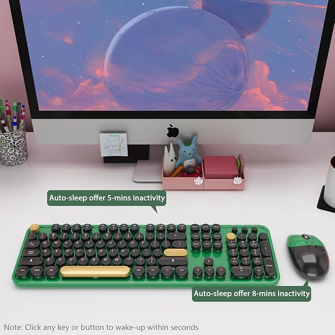 Kootop Wireless KeyboardCute Colorful 104 Keys Typewriter Retro Round Keycaps Keyboard for PC LaptopDesktopWindows Home and Office Keyboards (Black Green)