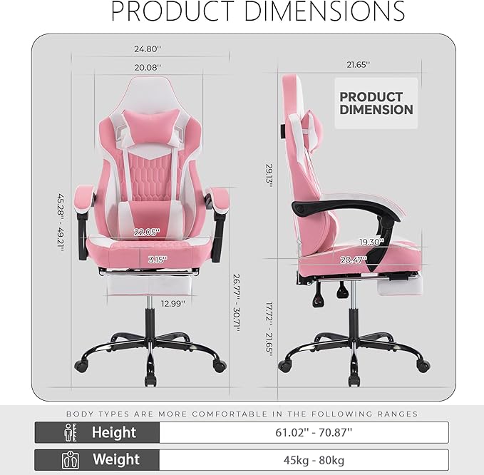 Computer Gaming Chair Game Chair for Adults with Retractable Footrest Adjustable Headrest Ergonomic High Back Racing Style Swivel Recliner for Teens Girls/Boys (Pink)