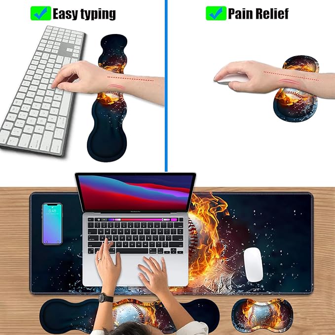 4 in 1 Ergonomic Keyboard Wrist Rest &amp Mouse Pad Wrist Rest Set Large XXL Gaming Desk Mat 31.5x 11.8 with Non-Slip Base Memory Foam for Home Office Study Gaming Burning Baseball Fire and Wate