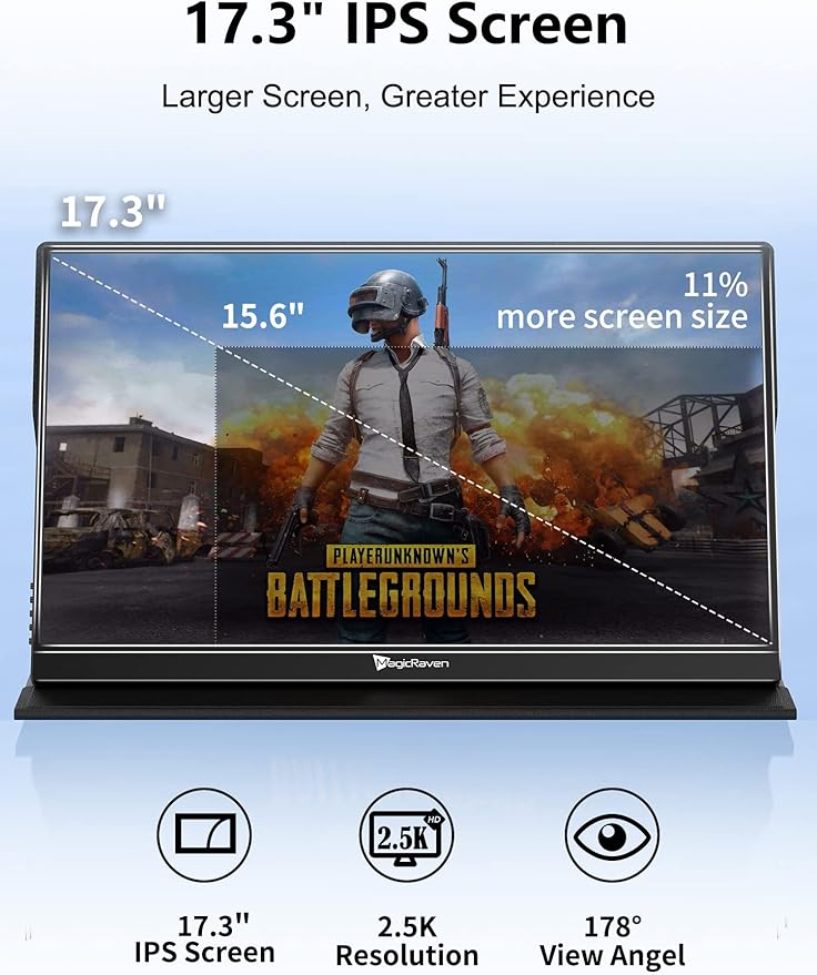 2.5K Portable Monitor 17.3 QHD IPS Laptop Screen VESA USB C HDMI Second Computer Gaming Display with 2 Speakers Travel Monitor for MacBook Phone PS4/5 PC Phone Xbox Switch