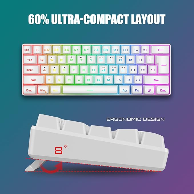 RedThunder 60% Mini Gaming Keyboard and Mouse Combo Lightweight Ultra-Compact 61 Keys RGB Backlit7200 DPI Honeycomb Optical Mouse Wired Gaming Set for PC MAC PS5 Xbox Gamer(White)