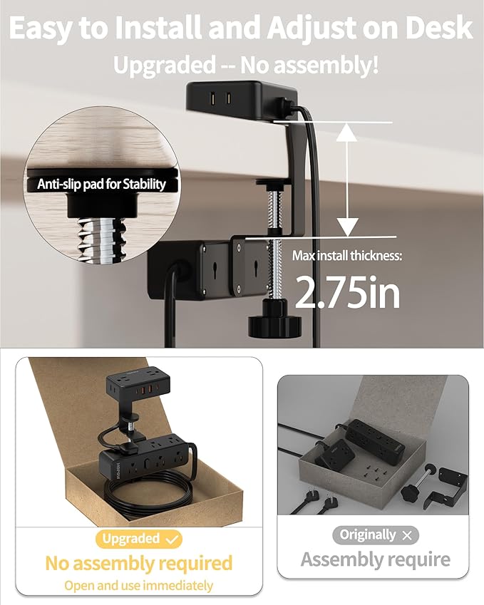 15 FT Dual Layer Desk Clamp Power Strip Desktop Edge Mount Charging Station with 13 Outlets 4 USB Ports (2 USB C) Under Desk Surge Protector(1700 Joules) Extension Cord for Office Home