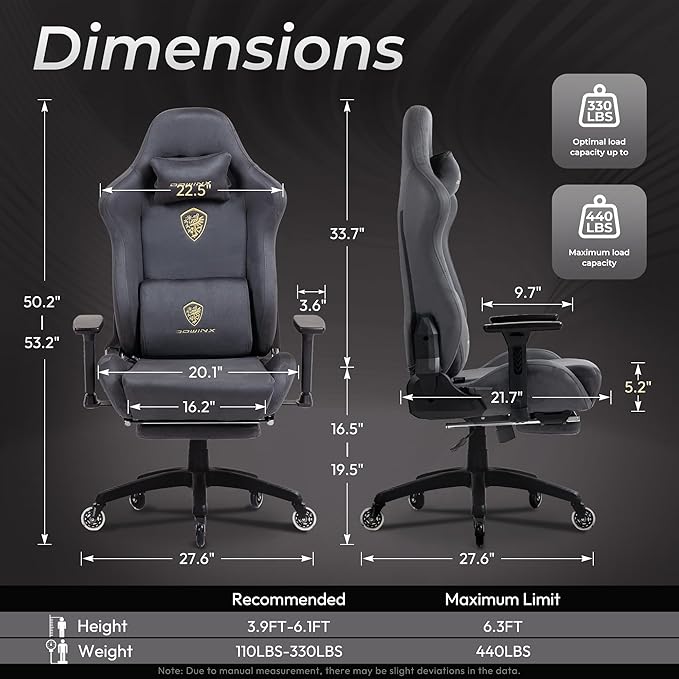Dowinx Big and Tall Gaming Chair with Suede Fabric Breathable Game Chairs for Adults with Oversized Thick Seat for 440lbs Ergonomic Gamer Chair for Streaming &amp Long Gaming Sessions Grey