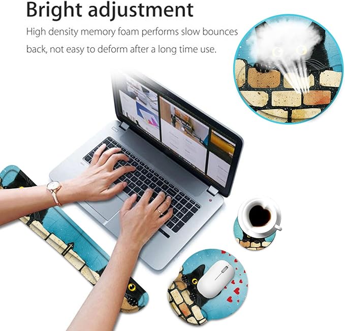 Keyboard Wrist Rest and Mouse Pad Wrist Support Set with CoasterComfortable for Easy TypingPain ReliefMemory Foam Keyboard Pad Set for Laptop MacCute Black Cat