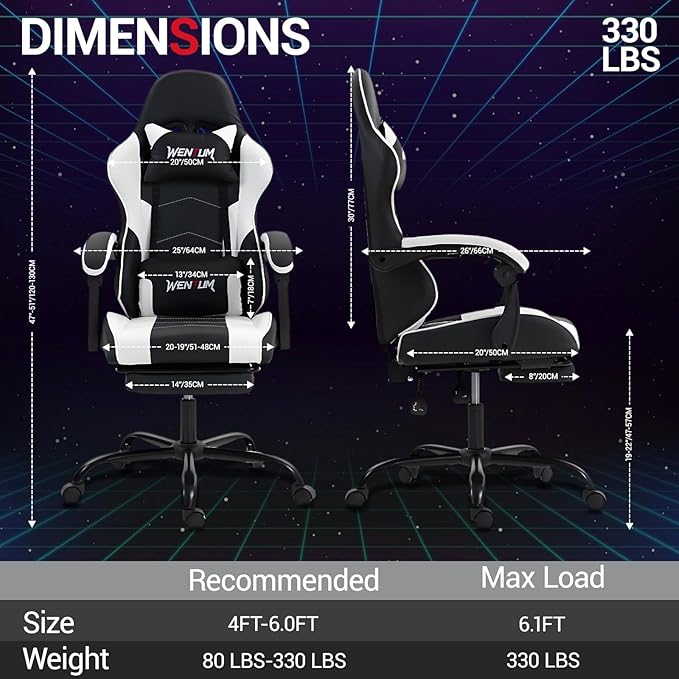 Gaming Chair with Footrest for Adults - PU Leather Video Game Chair w/Massage Lumbar Support for Men Women Ernogomic Computer Gamer Chair for Home Office Height Adjustable White