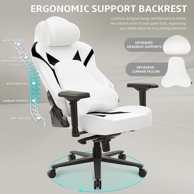 Ergonomic Gaming Chair Wyrdforging Computer Desk Chairs 4D Armrests High Back Office Chair With Headrest &amp Lumbar Pillow Tilt Rocker Recliner Heavy-Duty Base White PU Leather &amp Black Sue