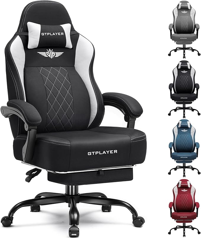 GTPLAYER Big and Tall Gaming Chair Breathable Fabric Computer Chair with Strong Lumbar Support Comfortable Office Chairs with Pocket Spring Cushion High Back Ergonomic Desk Chairs with Footrest
