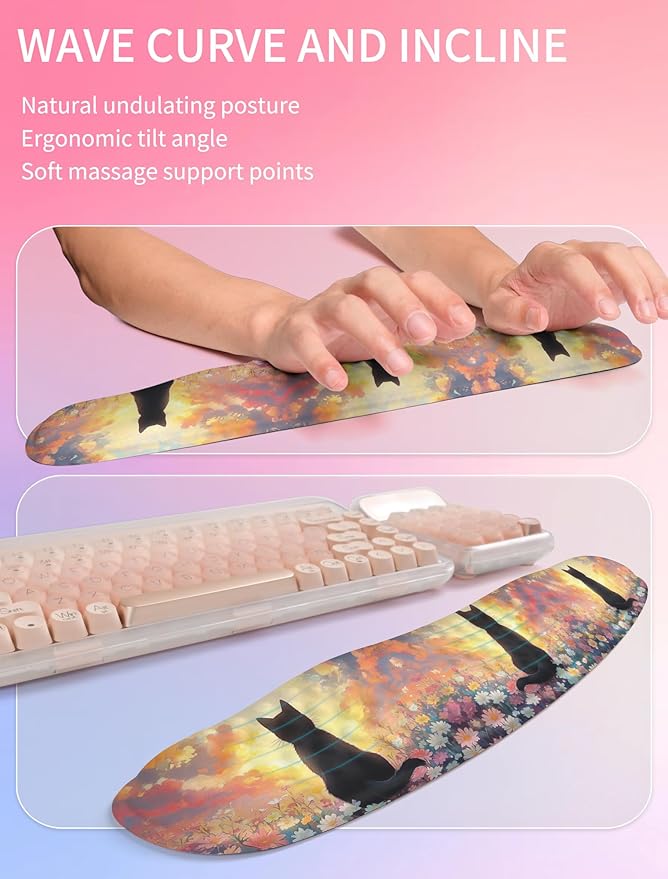 Hokafenle 2in1 Combination Wave Keyboard Wrist Rest and Ergonomic Curvature Mouse Pad Wrist Support for Relieve Wrist Pain Filled with Soft Cushion Memory Foam Wishing Cat