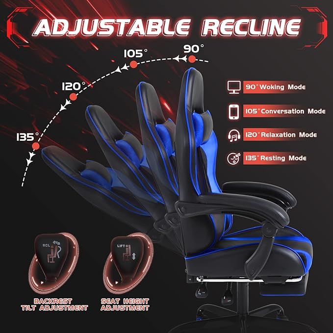 Shahoo Gaming Chair with Footrest and Massage Lumbar Support Video Game Chairs Height Adjustable Seat with Headrest for Office or Bedroom Study Room Dark Blue