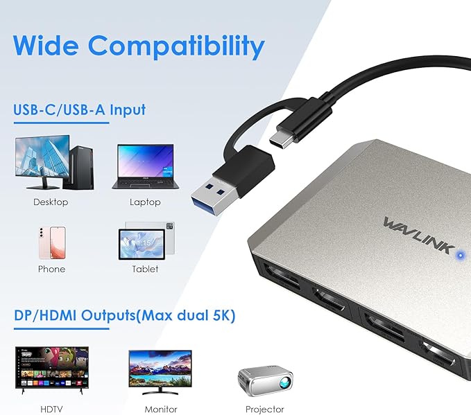 WAVLINK USB C and USB 3.0 to Dual 4K DisplayPort/HDMI Adapter Displaylink Monitor Splitter Extended Display for Dual Monitor 4K@60Hz HDMI/DP Splitter Compatible with Mac M1-M4Window Laptop-Silver