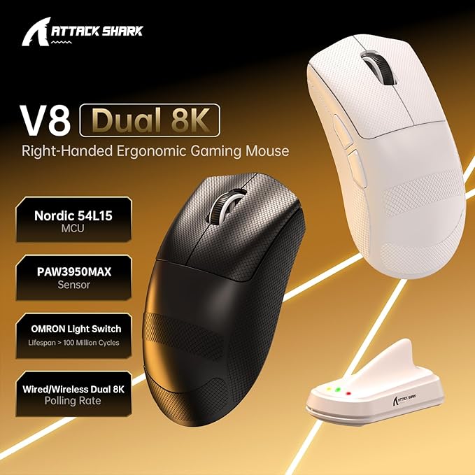 ATTACK SHARK V8 Wireless Gaming Mouse 59g Lightweight BT/2.4G Wireless/Wired Mouse PixArt PAW3950MAX Gaming Sensor 8K Polling42000 DPICoiled CableTapeOffice Mice for PC/Win/Mac(White)