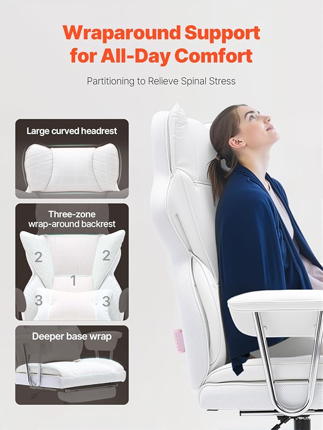 VEVOR Reclining Office Chair with Footrest Heavy Duty PU Leather Oversize Office Chair Big and Tall Executive Office Chairs with Lumbar Support Strong Metal Base Quiet Wheels White