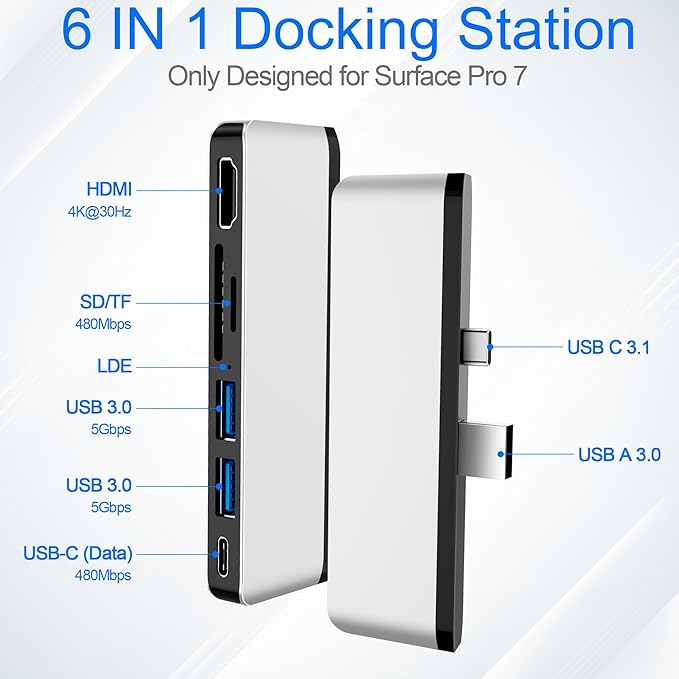 Surface Pro 7 Docking Station Surface Pro 7 USB Hub with 4K HDMI+ USB C Audio &amp Data Transfer+ 2 USB 3.0 Ports+ TF/SD Card Slot Surface Accessories Adapter for Surface Pro 7