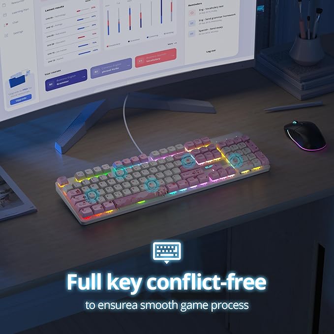 Wired Full Size Pink Mechanical Keyboard 104 Keys Creamy Keyboard with Number Pad RGB Gaming Keyboard Linear Red Switch NKRO Mechanical Keyboard Full Size for Windows Laptop PC Gamer