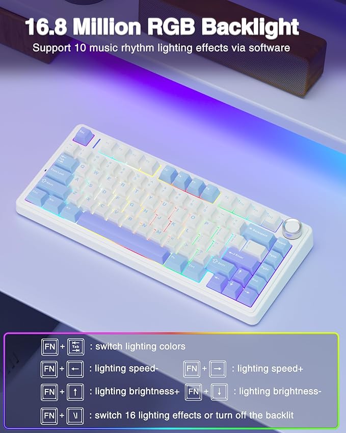 AULA F75 75% Wireless Mechanical Keyboard Hot Swappable Creamy Keyboard Pre-lubed Star Vector Switches RGB Backlit Gaming Keyboards 2.4GHz/Type-C/BT5.0(White&ampBlue&ampPurple)