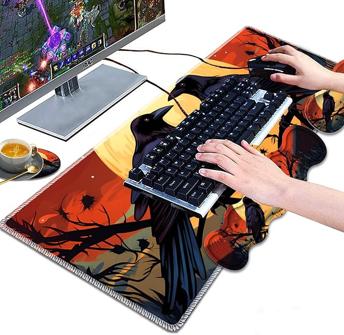 Large Gaming Mouse Pad Keyboard Wrist Rest Pad + Mouse Wrist Pad + Coaster 4 in 1 Set Extended Waterproof Non-Slip Desk Mat Suitable for Office Home Learning Games Branch Crow