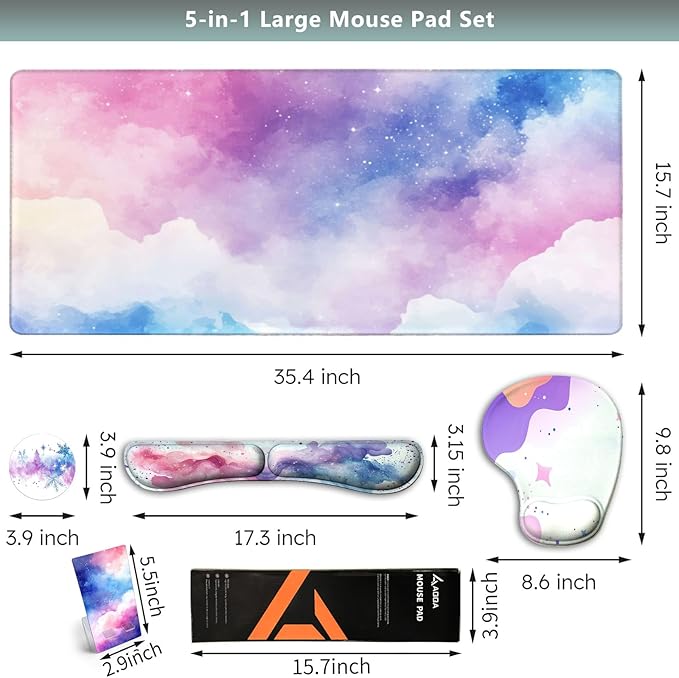 AQQA Colorful Star Large Mouse Pad Set Pink Desk Mat for Desktop Women Girls Purple Waterproof Desk PadMouse Wrist Rest+Coaster Ergonomic Design for Home Office Computer 31.5x15.7Inches