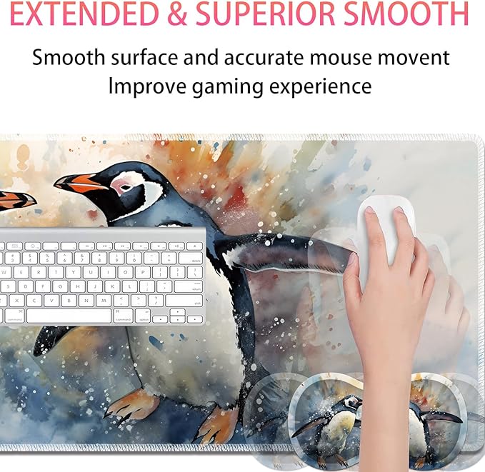 Large Gaming Mouse Pad + Mouse Wrist Rest Pad + Coaster Combination 31.5 x 11.8 Durable Non-Slip Extension Table Mat Suitable for Office and Home Watercolour Penguins