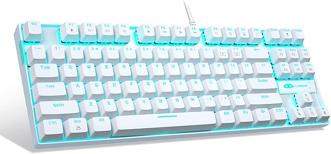 MageGee Mechanical Gaming Keyboard with Blue Switch Compact 87 Keys Wired Computer Keyboard for Windows Laptop PC Gamer LED Ice Blue Backlit White