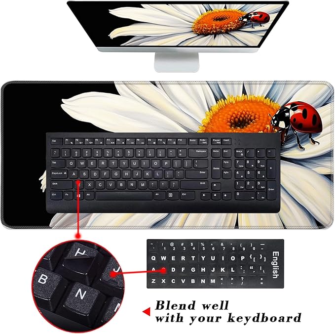 Keyboard Wrist Rest and Mouse Pad with Wrist Support Set Ergonomic CoasterMemory FoamEasy Typing Pain ReliefLarge XL Desk Mat 31.5x 11.8Ladybug on Daisy Flower