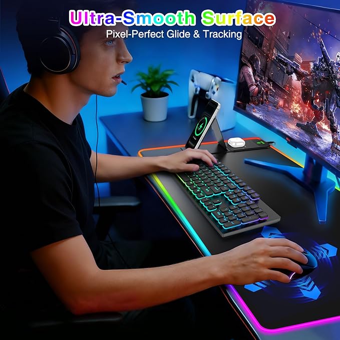 XXL RGB LED Gaming Mouse Pad with Magnetic Wireless Charger &amp Foldable Phone Holder 31.5x15.8 Extended Ultra-Smooth Desk Mat 25 Lighting Effects Non-Slip Base Includes 20W PD Adapter