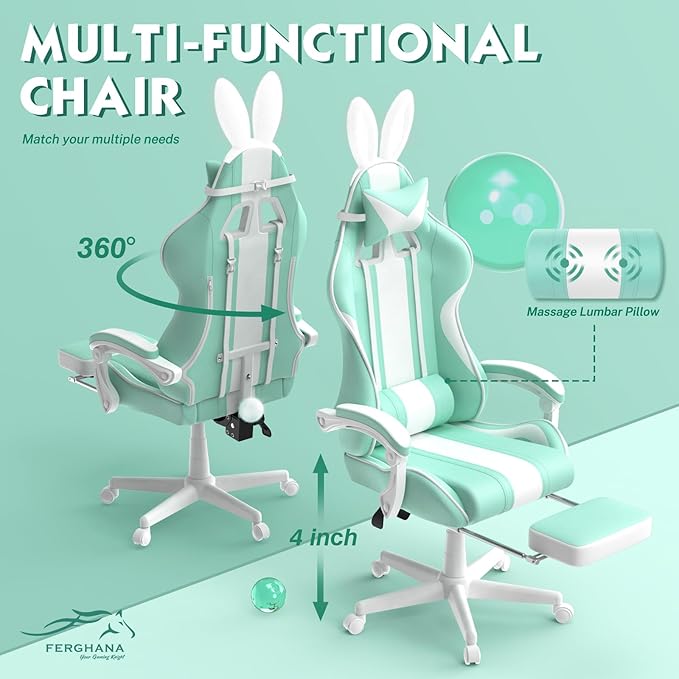 Ferghana Kawaii Light Green Gaming Chair with Bunny Ears Ergonomic Cute Gamer Chair with Footrest and Massage Racing Reclining Leather Computer Game Chair 250lbs for Girls Adults Teens Kids