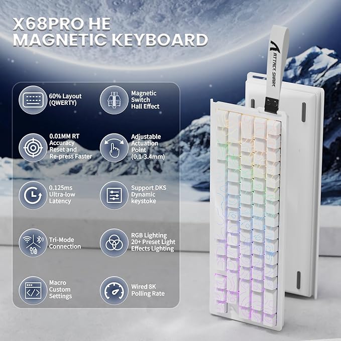ATTACK SHARK X68PRO HE Rapid Trigger Wireless Keyboard 0.01mm RT Accuracy 8000Hz Wired Gaming Keyboard Adjustable Actuation Snap Tap RGB Backlit Magnetic Switch C01 Coiled Cable -White