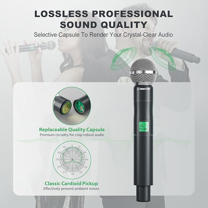 Phenyx Pro Wireless Microphone System 4-Channel UHF Wireless Mic Fixed Frequency Metal Cordless Mic with 4 Handheld Dynamic Microphones 260ft Range Mics for Singing Church(PTU-5000-4H)