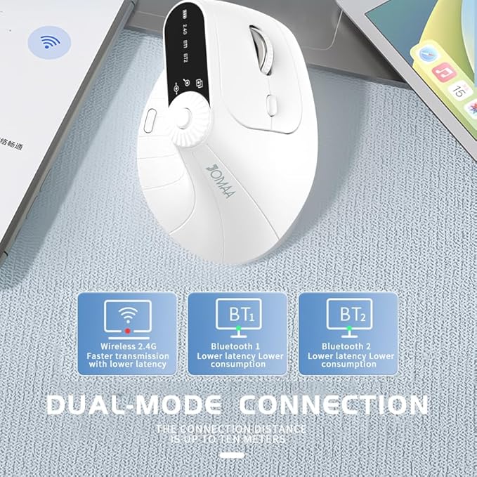 JOMAA Wireless 2.4G &amp Dual Bluetooth Three-Channel Ergonomic Vertical Mouse Adjustable DPI Multi-Function Turntable for PC Laptop MacBook Rechargeable (White)